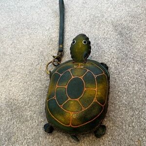 Vintage Green Turtle Zip Leather Coin Purse with Keychain